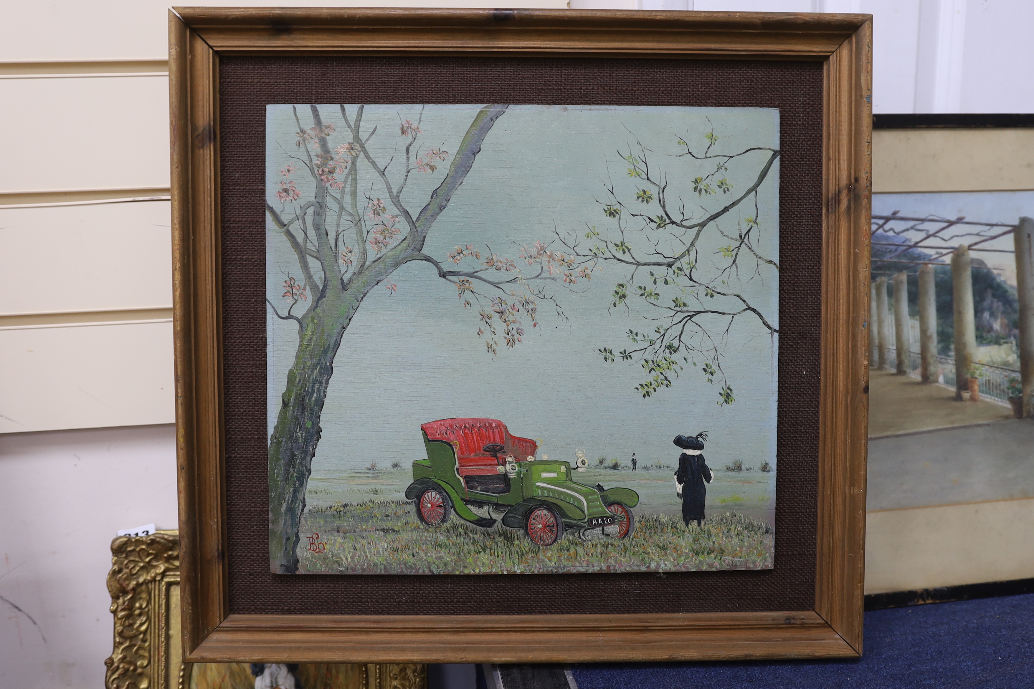 Early 20th century English School, oil on board, veteran car and Art Deco figures, monogrammed BLO, 36 x 40cm